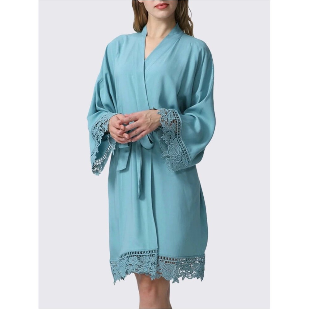 Source Unknown Light Blue Lace-Trim Kimono Robe, Bridal Robe